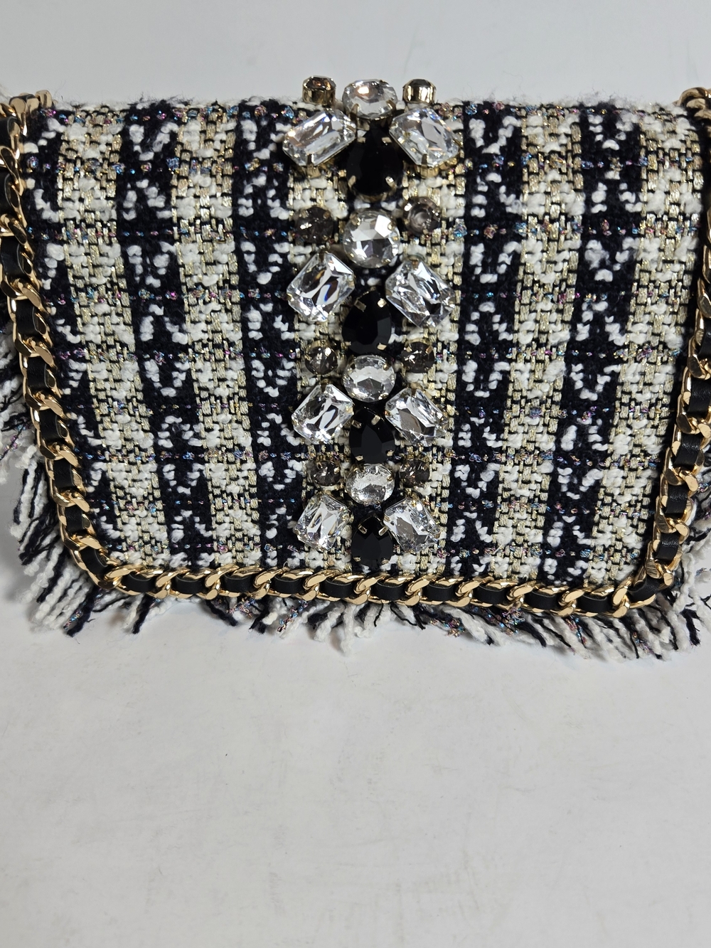 Aldo Black & Cream Tweed Crossbody with Gold Chain and Crystal Accent